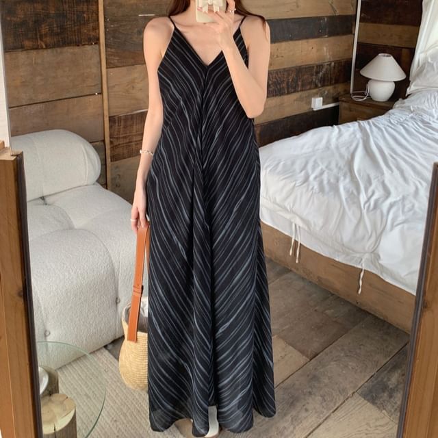 Spaghetti Strap V-Neck Striped Maxi A-Line Dress