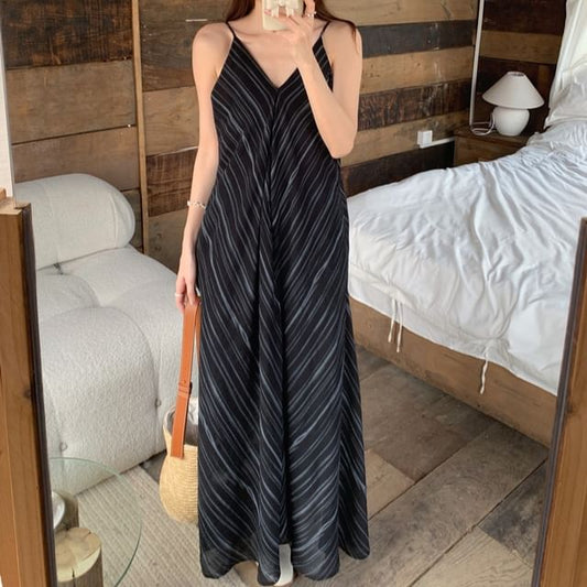 Spaghetti Strap V-Neck Striped Maxi A-Line Dress