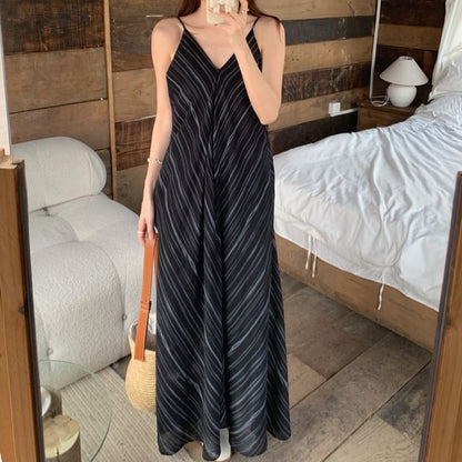 Striped V-Neck Spaghetti Strap A-Line Maxi Dress