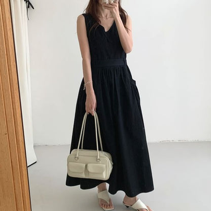 Ruched V-Neck Sleeveless A-Line Maxi Dress Set with Belt