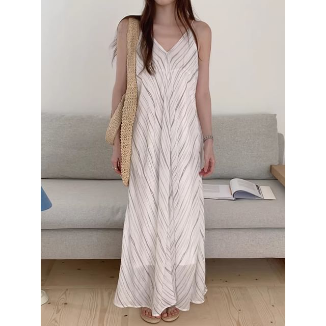 Striped V-Neck Spaghetti Strap A-Line Maxi Dress