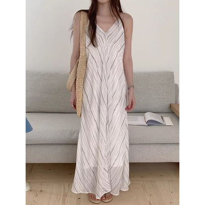 Striped V-Neck Spaghetti Strap A-Line Maxi Dress