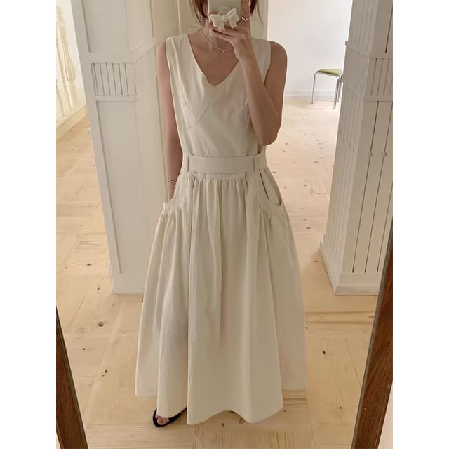 Ruched V-Neck Sleeveless A-Line Maxi Dress Set with Belt