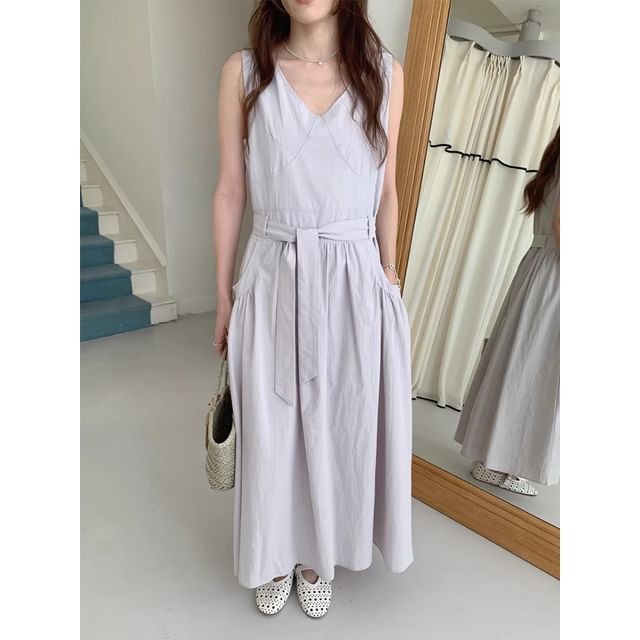Ruched V-Neck Sleeveless A-Line Maxi Dress Set with Belt