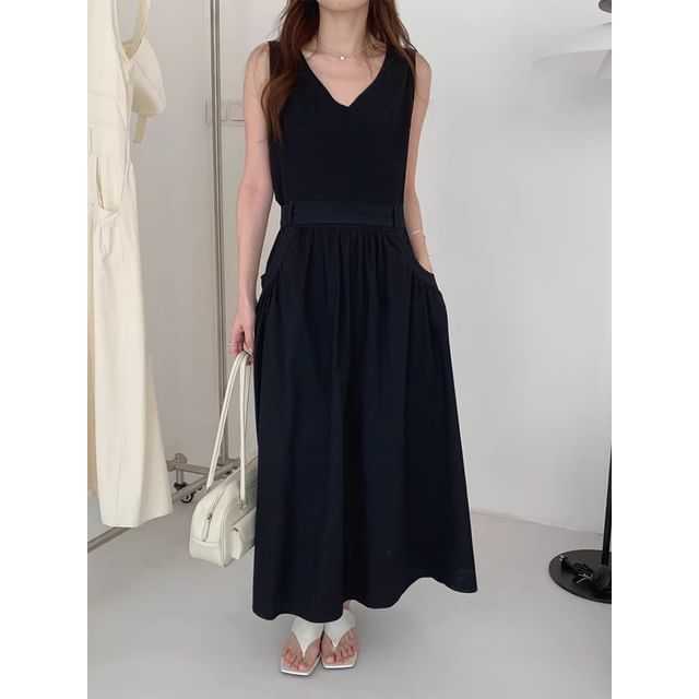Ruched V-Neck Sleeveless A-Line Maxi Dress Set with Belt