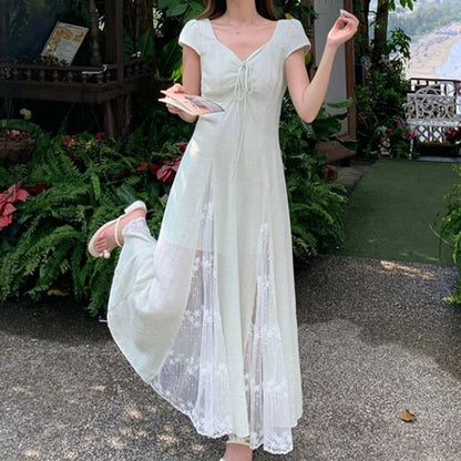Lace Panel Cap-Sleeve V-Neck Tie Front A-Line Maxi Dress