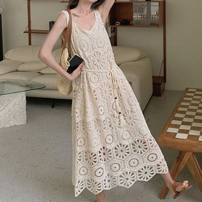 Set: Sleeveless V-Neck Crochet Knit Midi Dungaree Dress + Spaghetti Strap Plain Dress