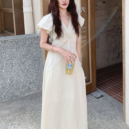 Puff-Sleeve V-Neck Ruched A-Line Solid Maxi Dress