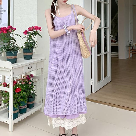 Set: Spaghetti Strap Lace Panel Layered Midi A-Line Dress + Sleeveless Scoop Neck Plain Perforated Slit Pinafore Dress