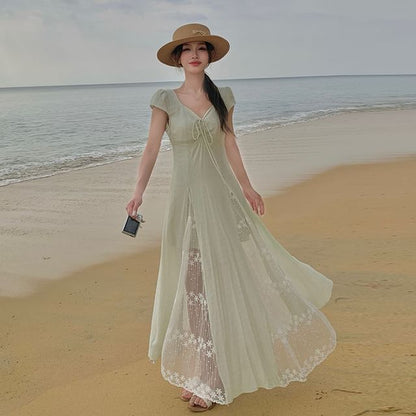 Lace Panel Cap-Sleeve V-Neck Tie Front A-Line Maxi Dress
