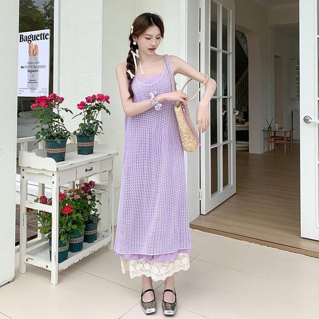 Set: Spaghetti Strap Lace Panel Layered Midi A-Line Dress + Sleeveless Scoop Neck Plain Perforated Slit Pinafore Dress