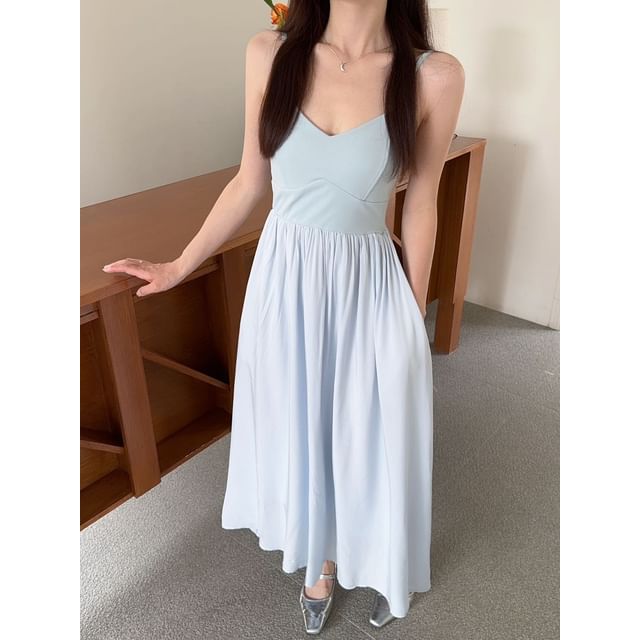 V-Neck Spaghetti Strap Solid A-Line Maxi Dress