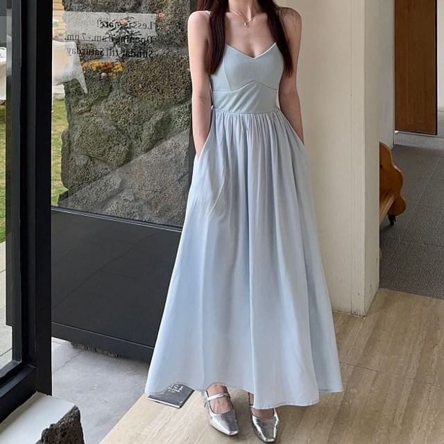 Spaghetti Strap V-Neck Plain Maxi A-Line Dress