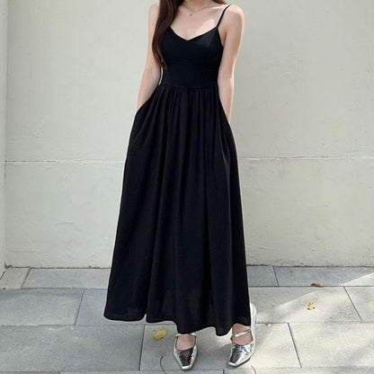 V-Neck Spaghetti Strap Solid A-Line Maxi Dress