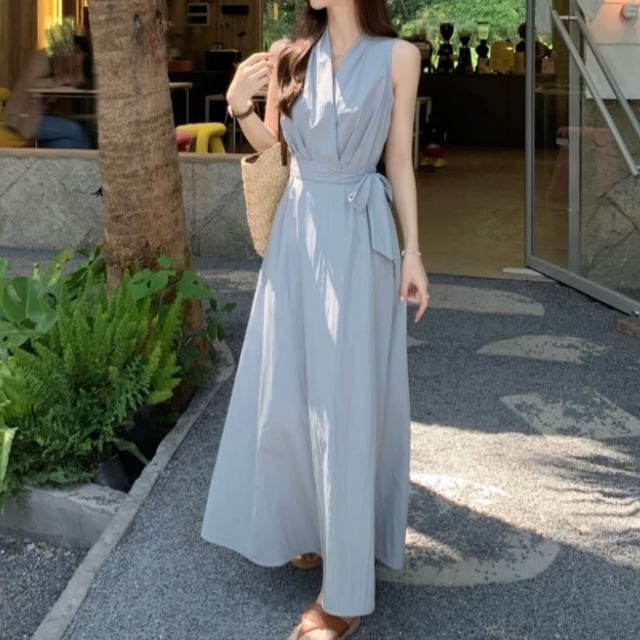 V-Neck Sashed A-Line Maxi Dress, Sleeveless