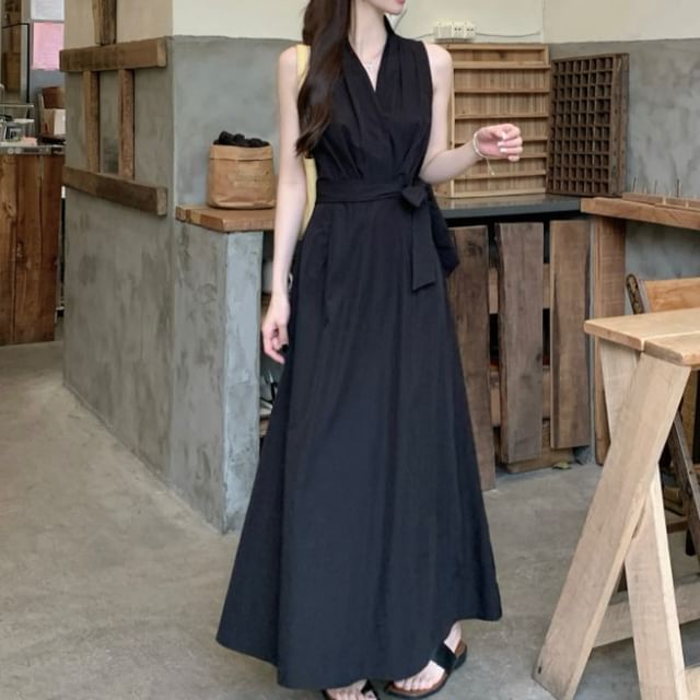 V-Neck Sashed A-Line Maxi Dress, Sleeveless