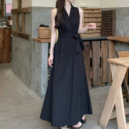 V-Neck Sashed A-Line Maxi Dress, Sleeveless
