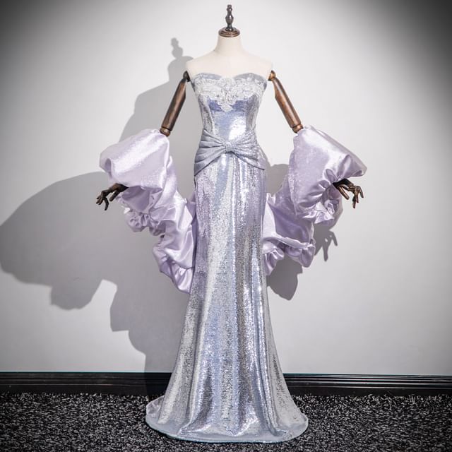 Strapless Glitter Lace Trim Mermaid Evening Gown