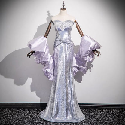 Strapless Glitter Lace Trim Mermaid Evening Gown