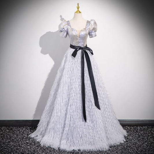 A-Line Fringe Square Neck Glitter Evening Gown Short-Sleeve