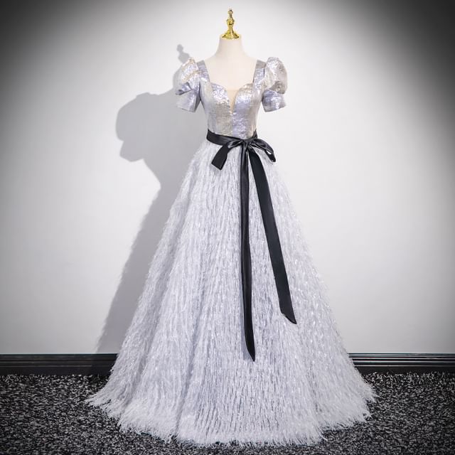 Short-Sleeve Square Neck Glitter Fringe A-Line Evening Gown