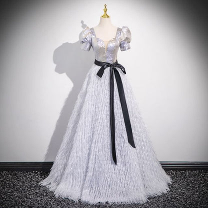 Short-Sleeve Square Neck Glitter Fringe A-Line Evening Gown