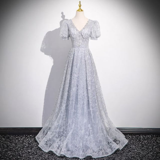 Short-Sleeve Gown Evening V-Neck Lace Plain Sheath