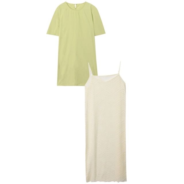 Set: Short-Sleeve Round Neck Plain A-Line T-Shirt Dress + Spaghetti Strap Plain Striped Midi A-Line Dress