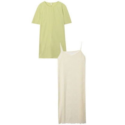 Set: Short-Sleeve Round Neck Plain A-Line T-Shirt Dress + Spaghetti Strap Plain Striped Midi A-Line Dress