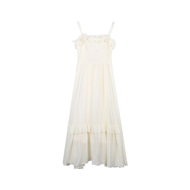 Spaghetti Strap Scoop Neck Plain Ruffle Trim Midi A-Line Dress