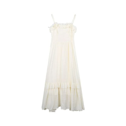 Spaghetti Strap Scoop Neck Plain Ruffle Trim Midi A-Line Dress
