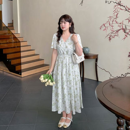 Plus Size Short-Sleeve V-Neck Floral Print Midi A-Line Dress