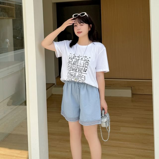 Plus Size Short-Sleeve Round Neck Cartoon Print T-Shirt