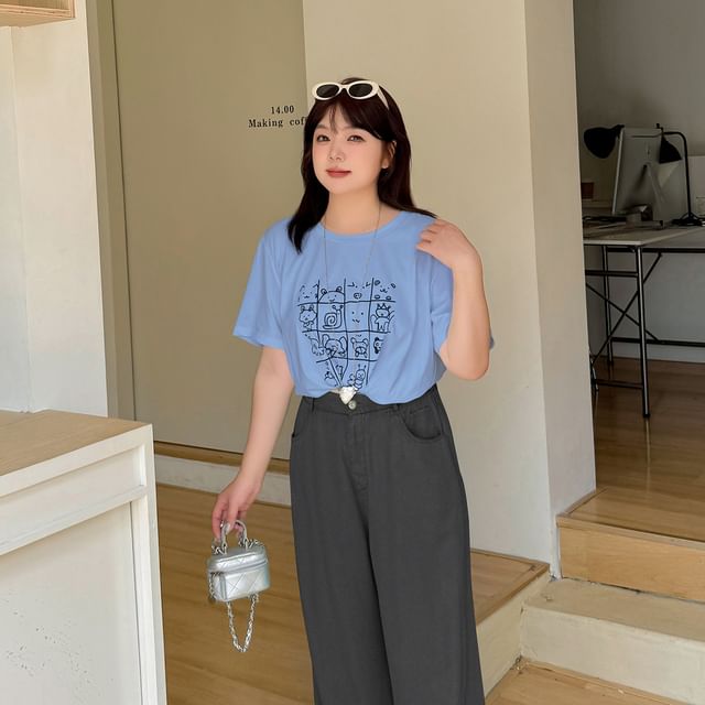 Plus Size Short-Sleeve Round Neck Cartoon Print T-Shirt