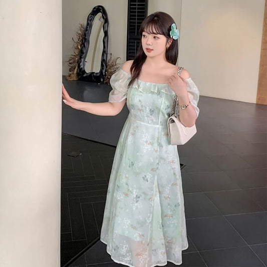 Plus Size Short-Sleeve Square-Neck Floral Print Midi A-Line Dress