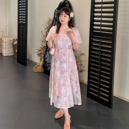 Plus Size Short-Sleeve Square-Neck Floral Print Midi A-Line Dress
