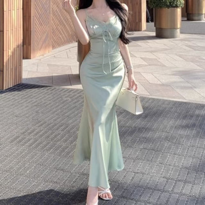 V-Neck Lace Panel Satin Mermaid Maxi Dress
