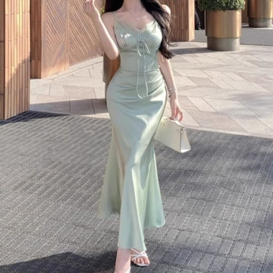 V-Neck Lace Panel Satin Mermaid Maxi Dress