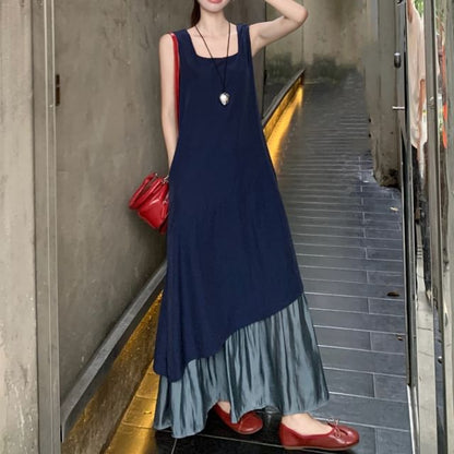 Square Neck Panel A-Line Maxi Dress