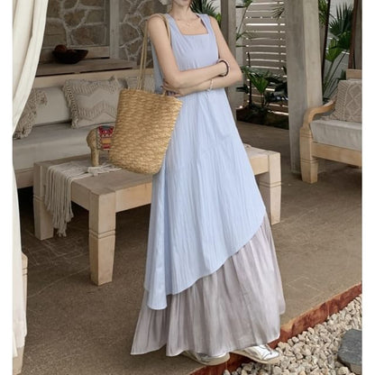 Square Neck Panel A-Line Maxi Dress