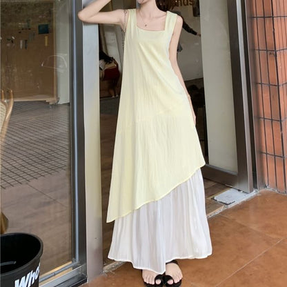 Square Neck Panel A-Line Maxi Dress