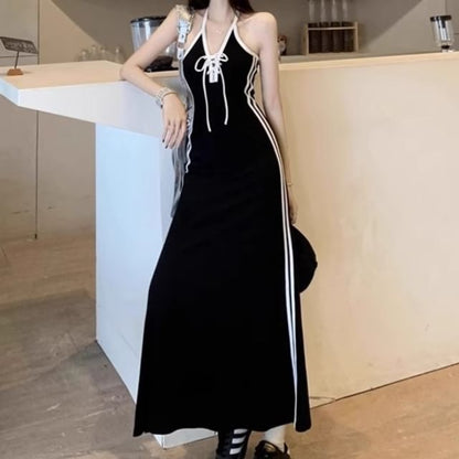 Halter Striped Lace Up A-Line Maxi Dress