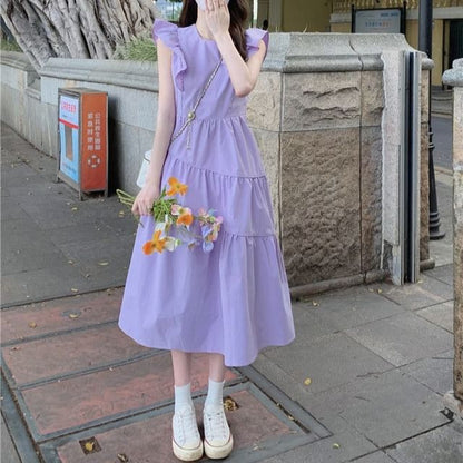 Ruffle Tiered Midi A-Line Neck Dress Plain Round Trim Cap-Sleeve