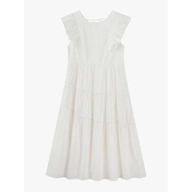 Ruffle Tiered Midi A-Line Neck Dress Plain Round Trim Cap-Sleeve