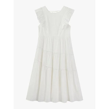 Ruffle Tiered Midi A-Line Neck Dress Plain Round Trim Cap-Sleeve