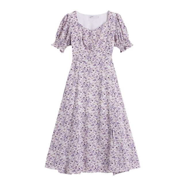 Midi A-Line Slit Puff-Sleeve Dress Floral