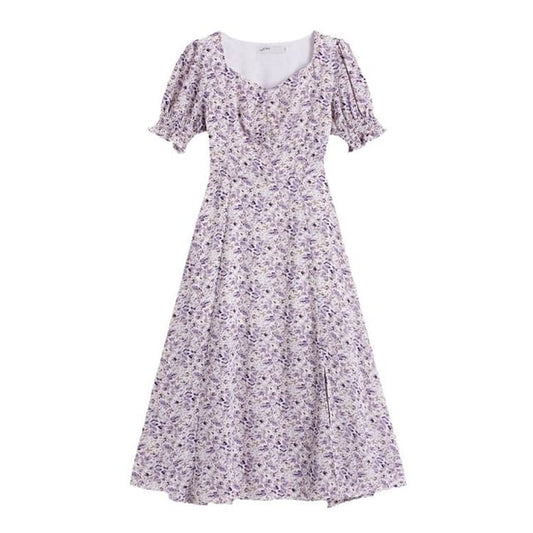 Midi A-Line Slit Puff-Sleeve Dress Floral