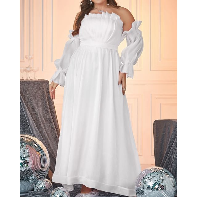 Plus Size Puff-Sleeve Off-Shoulder Plain A-Line Evening Gown