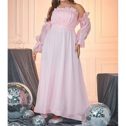 Plus Size Puff-Sleeve Off-Shoulder Plain A-Line Evening Gown
