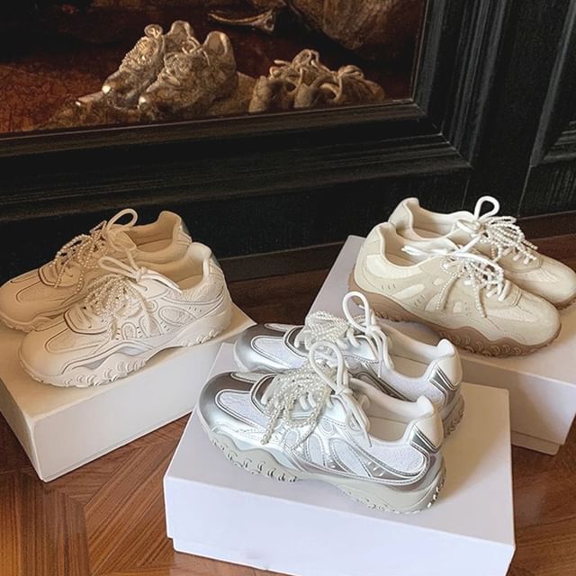 Patterned Lace-Up Platform Sneakers